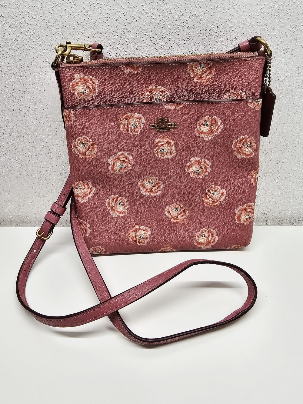 Coach Kitt Messenger Rose-Print Pink Crossbody Bag with Gold Hardware